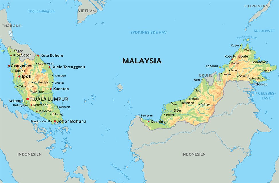 Kort Over Borneo Kort Malaysia og Borneo: se bl.a. placeringen af Kuala Lumpur og  Kort Over Borneo