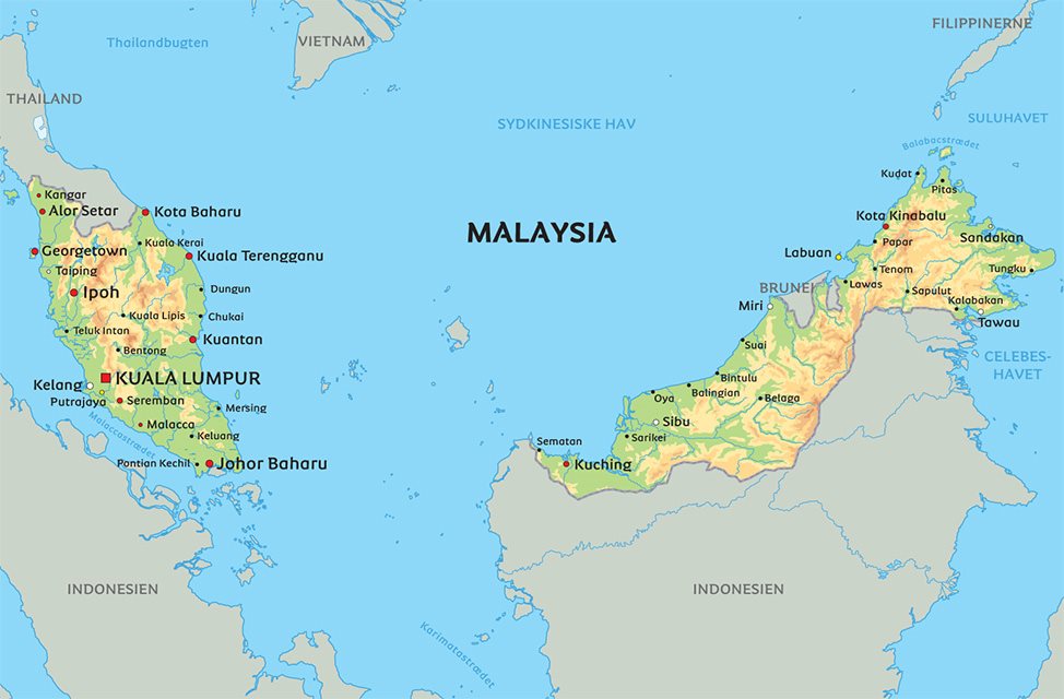 Kort Borneo Kort Malaysia og Borneo: se bl.a. placeringen af Kuala Lumpur og  Kort Borneo