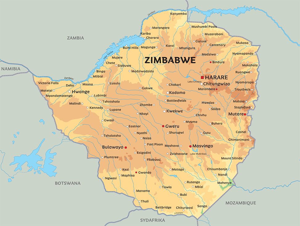 Kort Over Zimbabwe Kort Zimbabwe: Se bl.a. placeringen af Victoria Falls og  Kort Over Zimbabwe