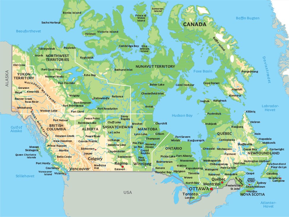 Kort Kort Canada: se bl.a. placeringerne af byerne Toronto og Vancouver Kort