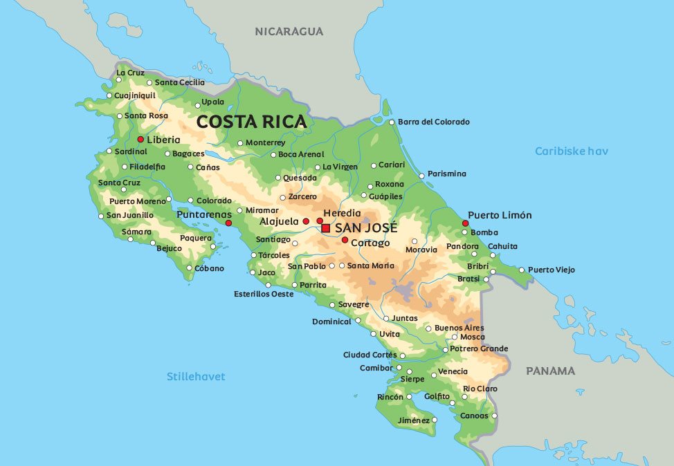 Costa Rica Kort Kort Costa Rica: se nogle af de største byer, bl.a. San José Costa Rica Kort