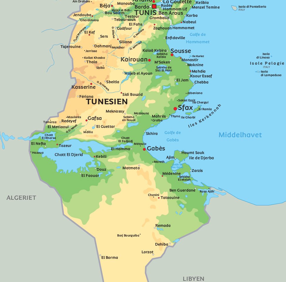 Tunesien Kort Kort Tunesien: se bl.a placeringerne af Tunis og Hammamet Tunesien Kort