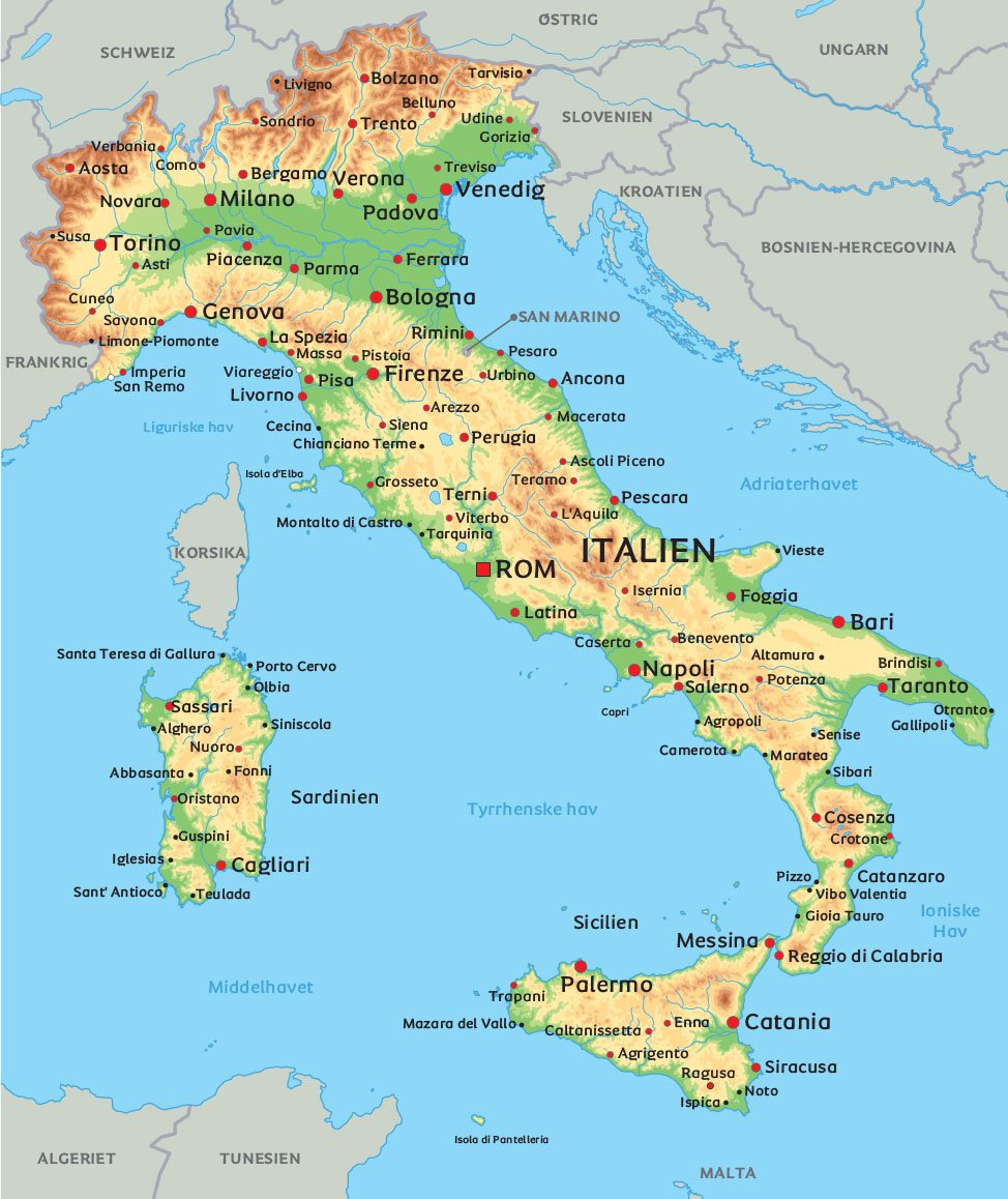 Kort Italien: Se bl.a. placeringen af Firenze, Venedig og Rom