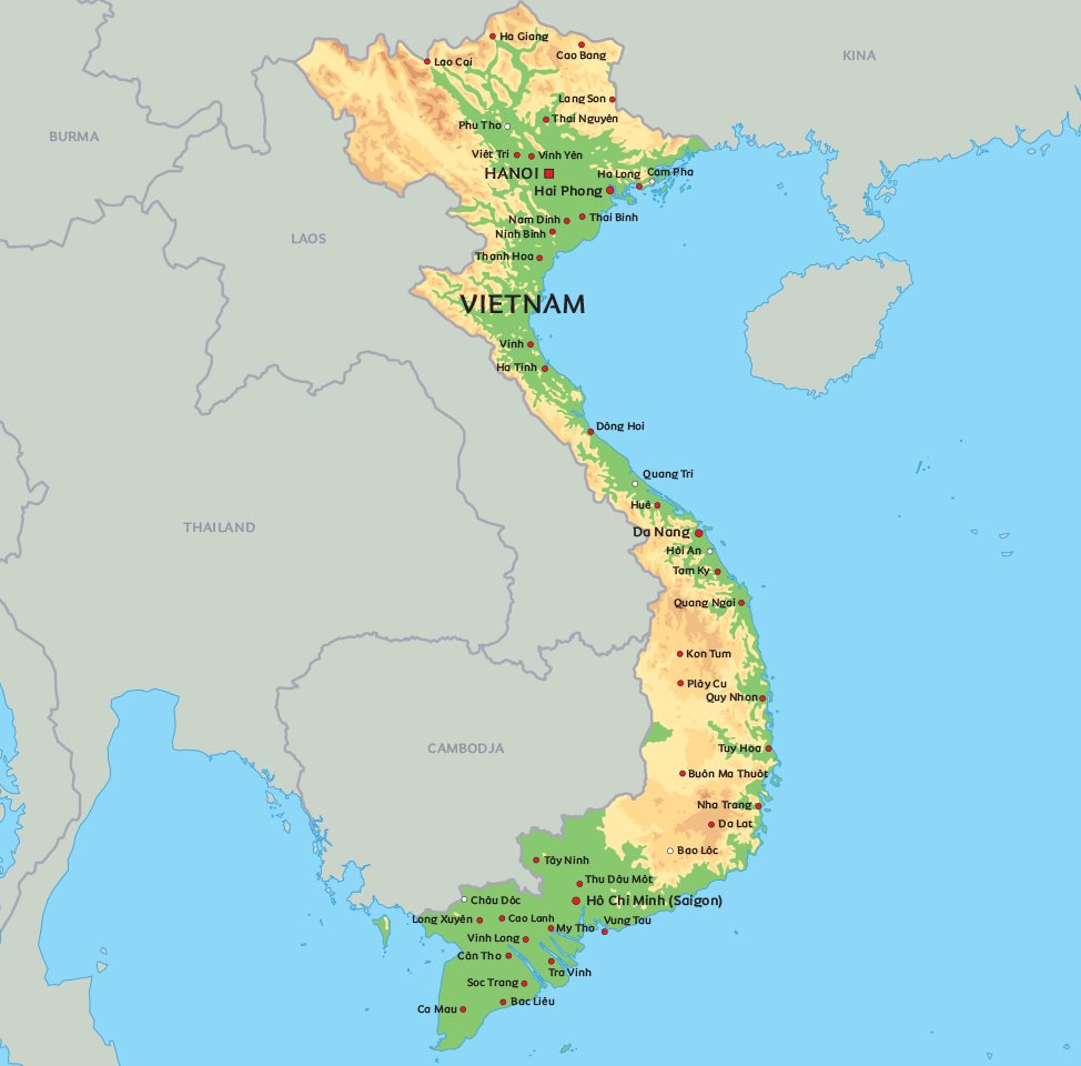 Kort Vietnam Kort Vietnam: se de største byer i Vietnam på kort – Hanoi, Saigon  Kort Vietnam