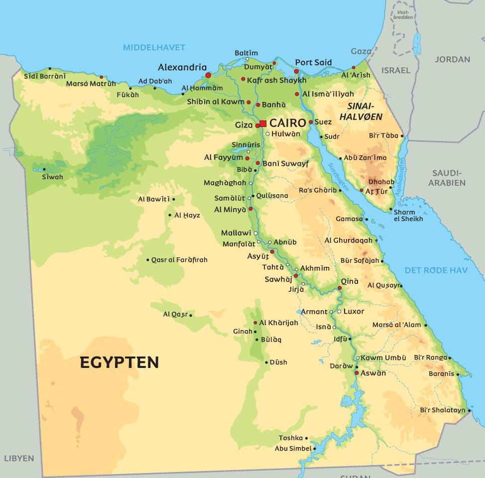 Egypten Kort Kort Egypten: Se bl.a. Nilen og placeringen af hovedstaden Cairo Egypten Kort