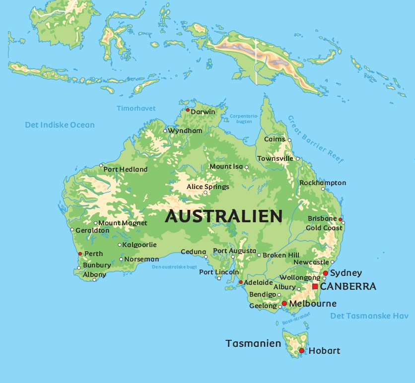 australien kort med byer Kort Australien Se De Storste Byer I Australien Sydney Melbourne Brisbane australien kort med byer